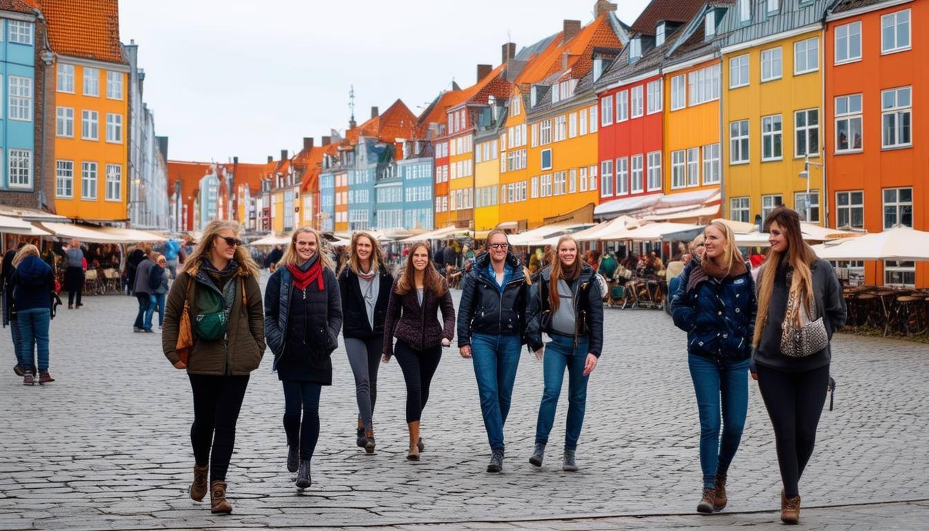 a group of australians walking on the square in Nyhavn, copenhagen