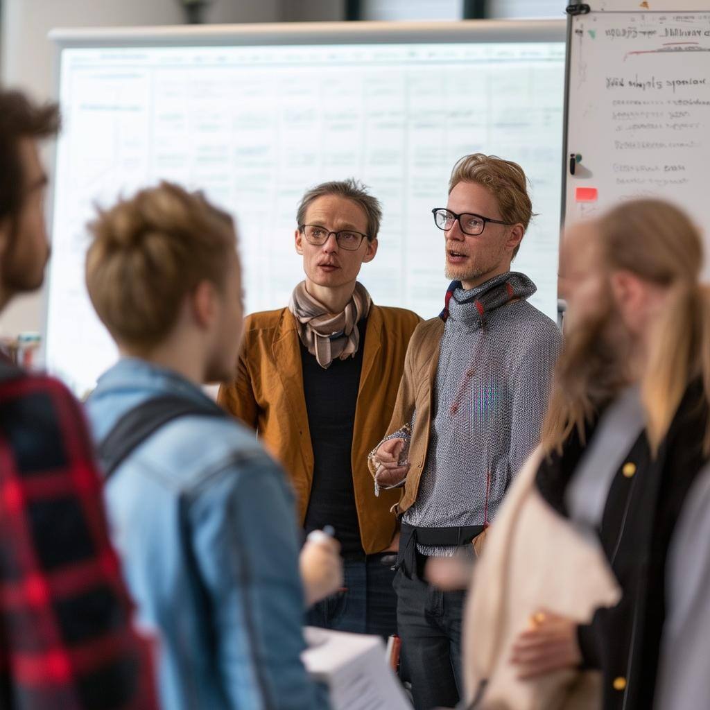 a group of danish looking people talking together in front of a whiteboard