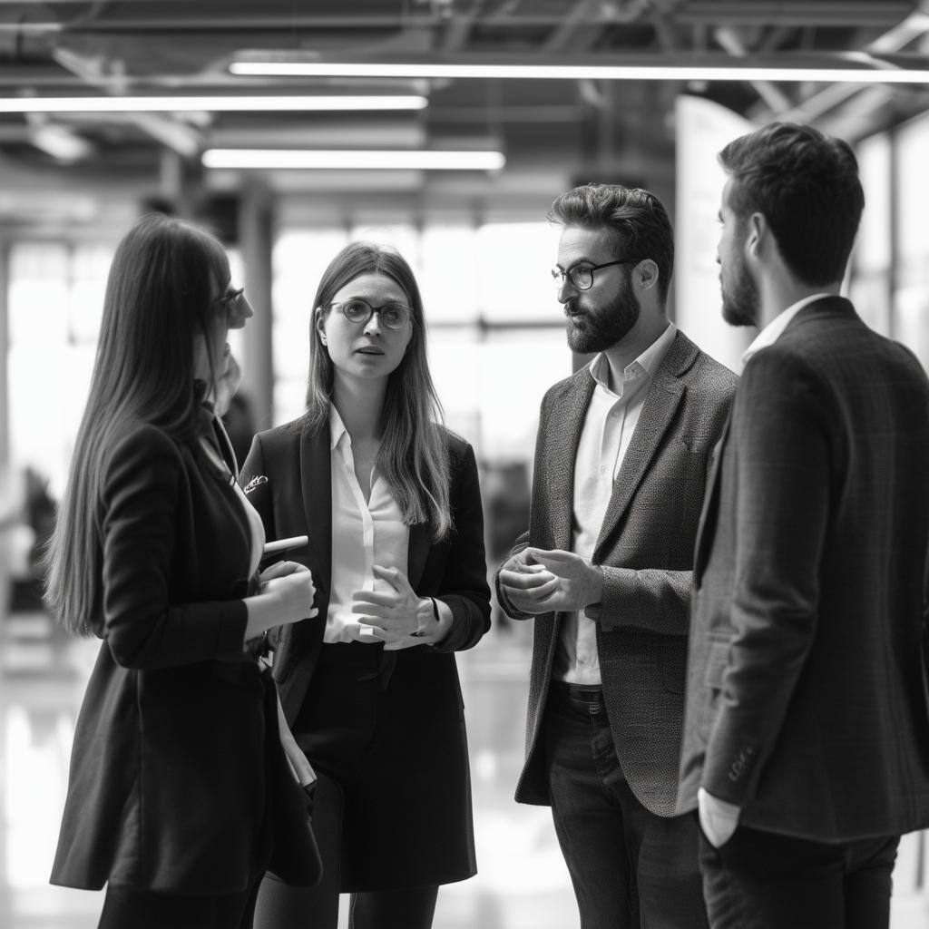 a group of four people 2 woman 2 male standing in a open commercial space discussing greyscale