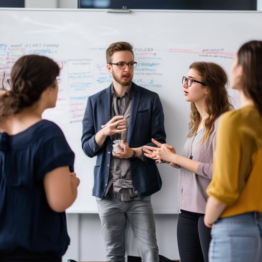 a group of people talking together in front of a whiteboard