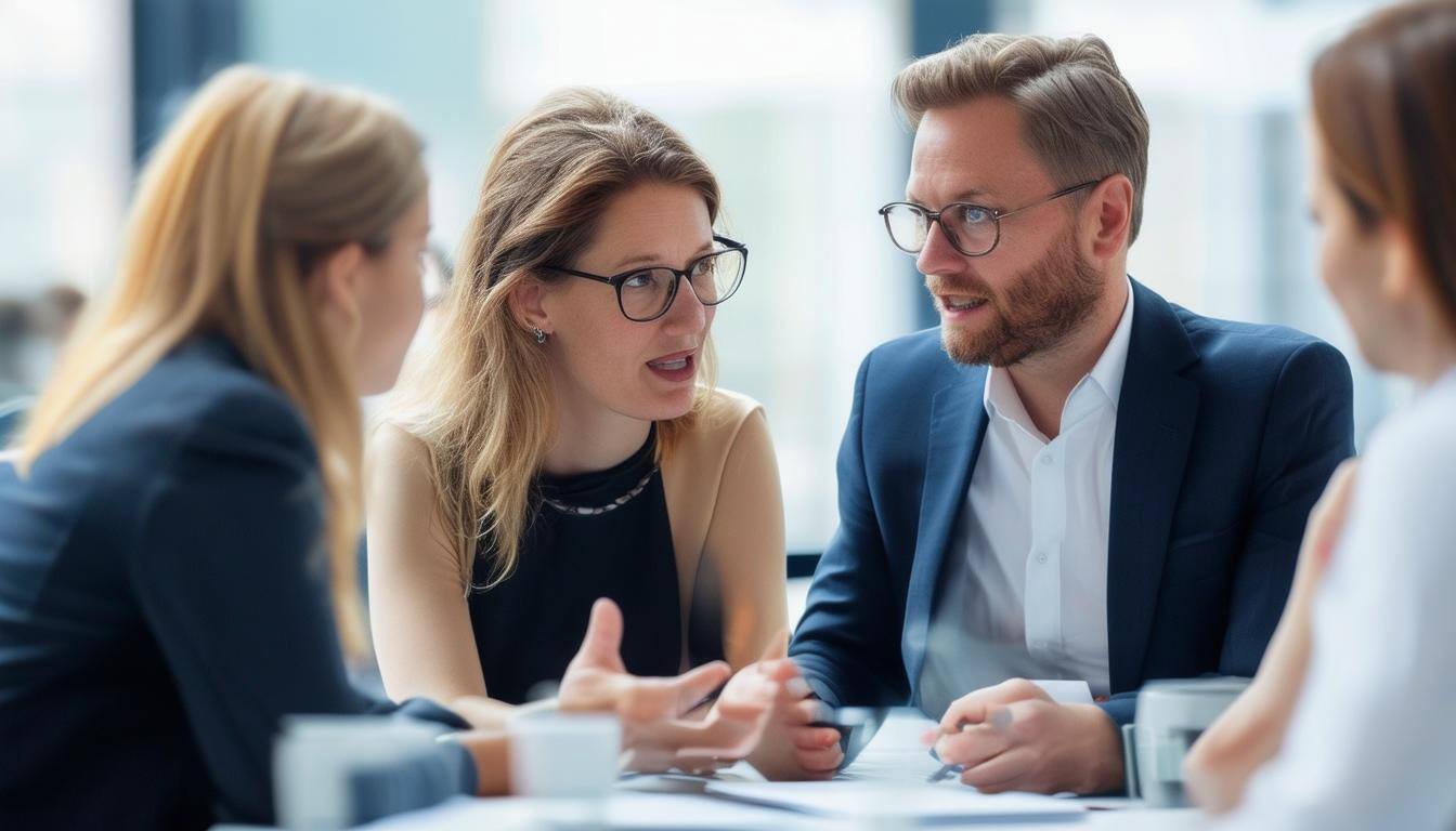 danish looking whitecollar folks who are discussing finance